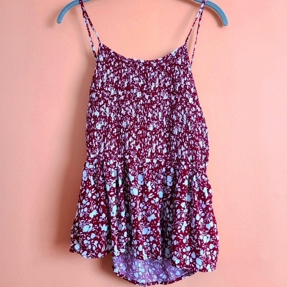 Red & White Floral Print Shirred Tie Back Ruffle Hem Spaghetti Top S